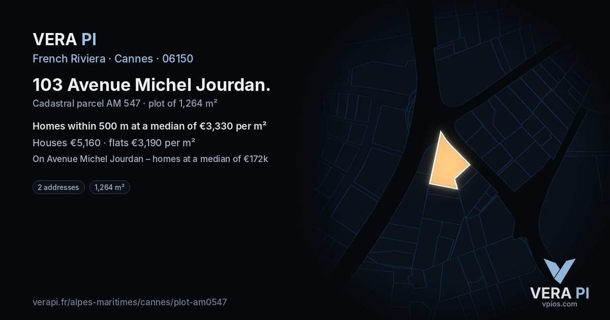 103 Avenue Michel Jourdan, Cannes at night – the plot lit, the parcels around coloured by the prices near them