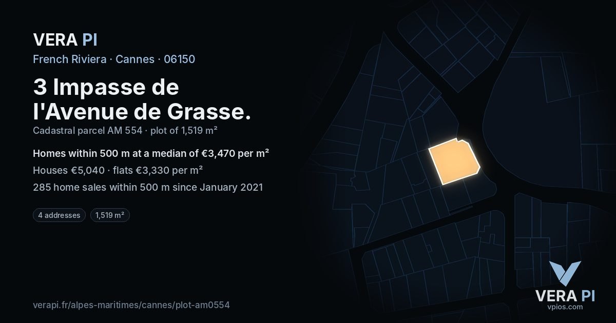 3 Impasse de l'Avenue de Grasse, Cannes at night – the plot lit, the parcels around coloured by the prices near them