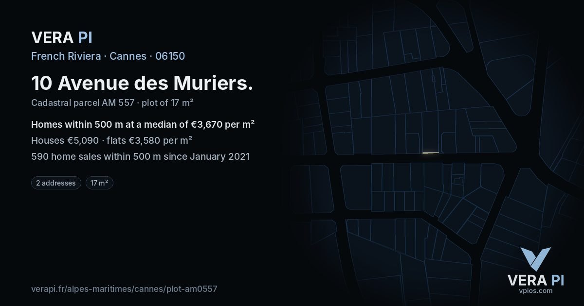 10 Avenue des Muriers, Cannes at night – the plot lit, the parcels around coloured by the prices near them