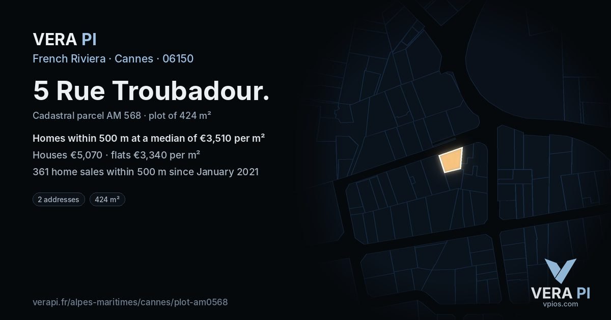 5 Rue Troubadour, Cannes at night – the plot lit, the parcels around coloured by the prices near them