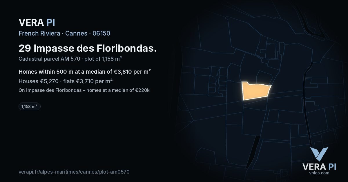 29 Impasse des Floribondas, Cannes at night – the plot lit, the parcels around coloured by the prices near them