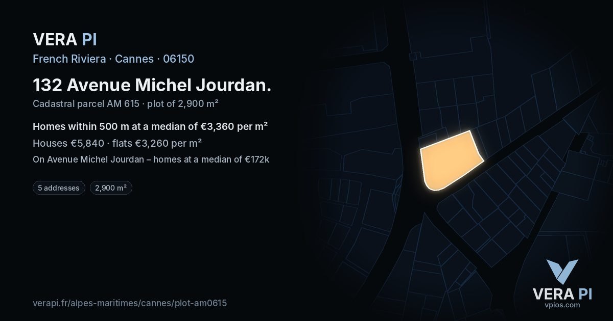 132 Avenue Michel Jourdan, Cannes at night – the plot lit, the parcels around coloured by the prices near them