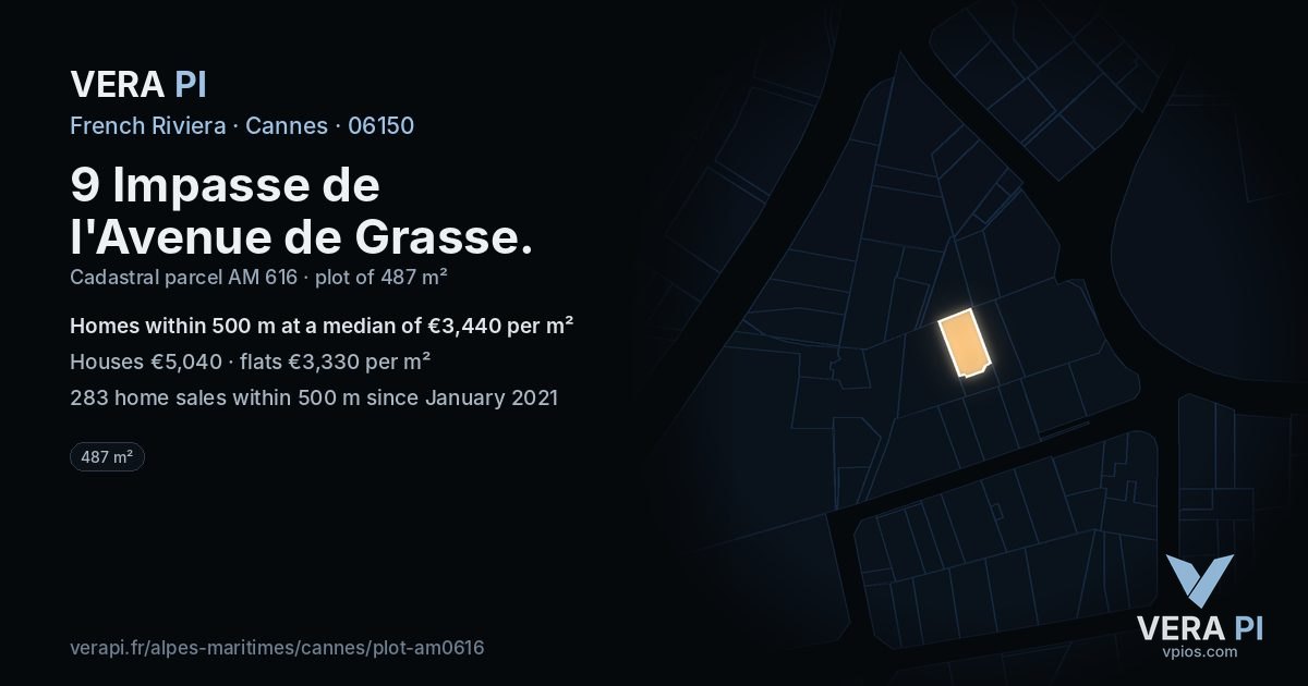 9 Impasse de l'Avenue de Grasse, Cannes at night – the plot lit, the parcels around coloured by the prices near them