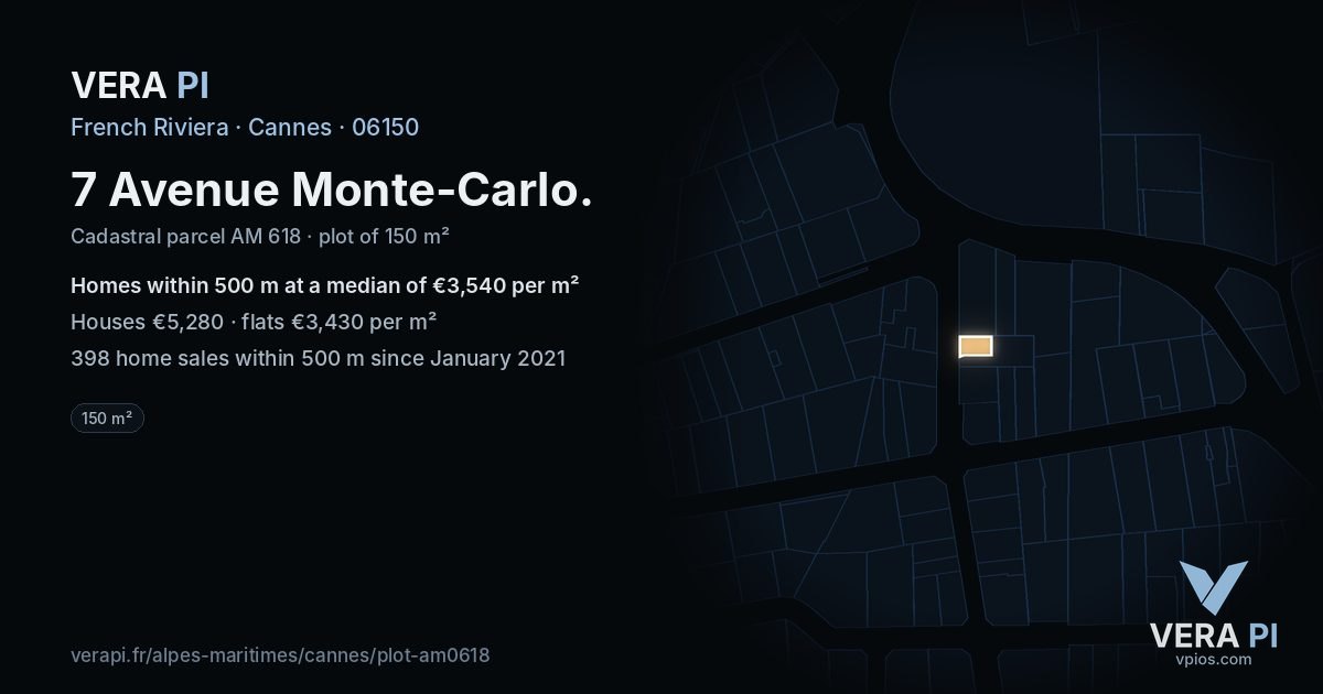 7 Avenue Monte-Carlo, Cannes at night – the plot lit, the parcels around coloured by the prices near them