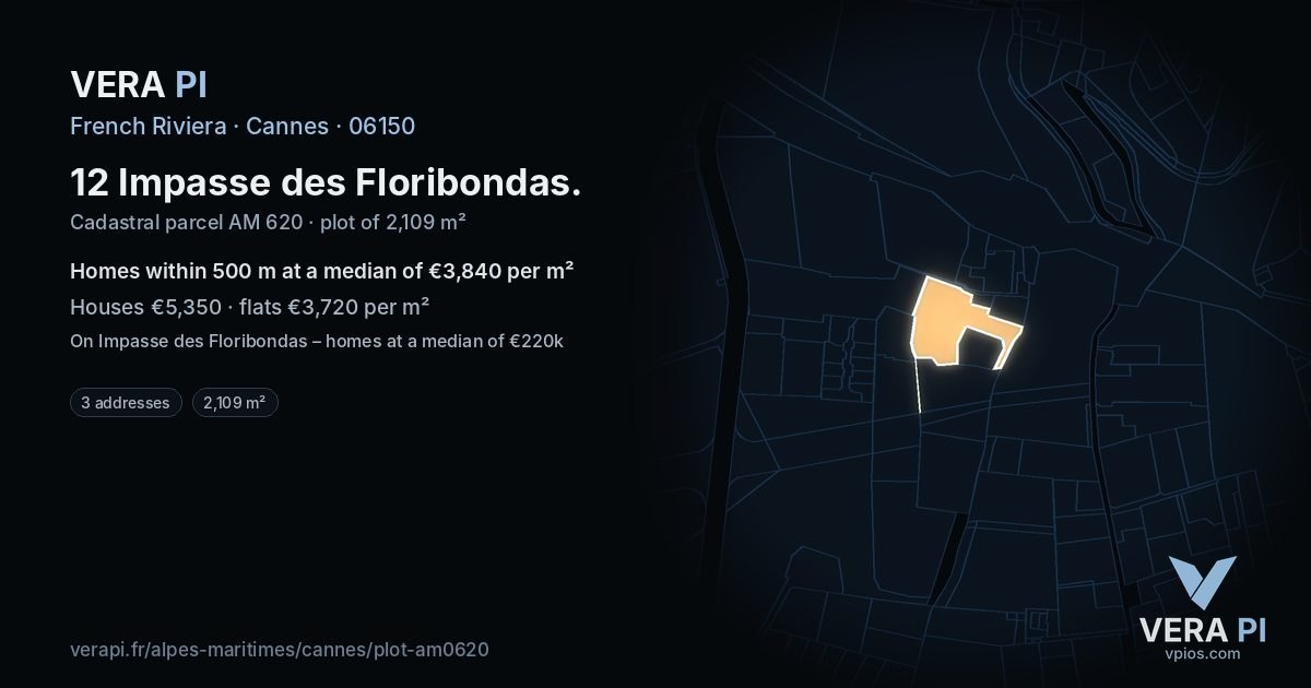 12 Impasse des Floribondas, Cannes at night – the plot lit, the parcels around coloured by the prices near them