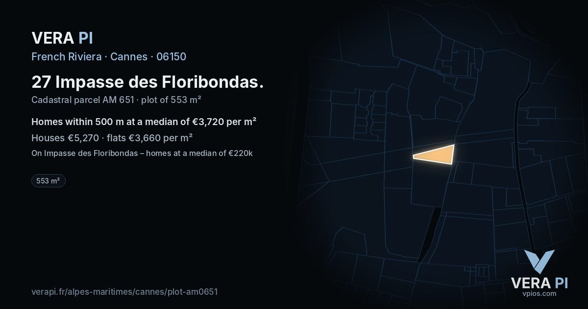 27 Impasse des Floribondas, Cannes at night – the plot lit, the parcels around coloured by the prices near them