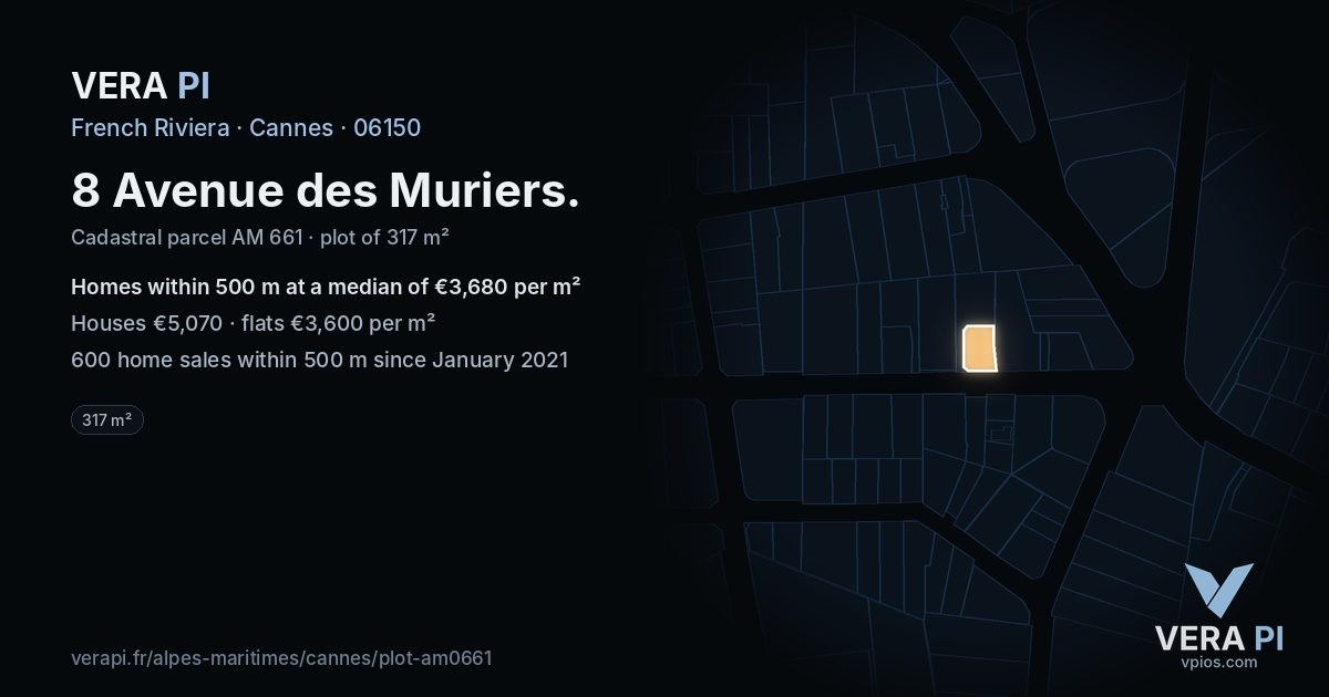 8 Avenue des Muriers, Cannes at night – the plot lit, the parcels around coloured by the prices near them