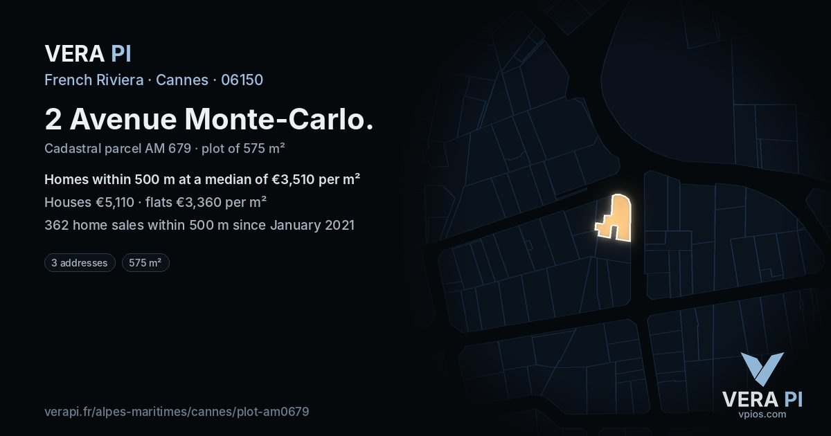 2 Avenue Monte-Carlo, Cannes at night – the plot lit, the parcels around coloured by the prices near them