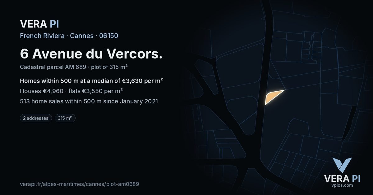 6 Avenue du Vercors, Cannes at night – the plot lit, the parcels around coloured by the prices near them