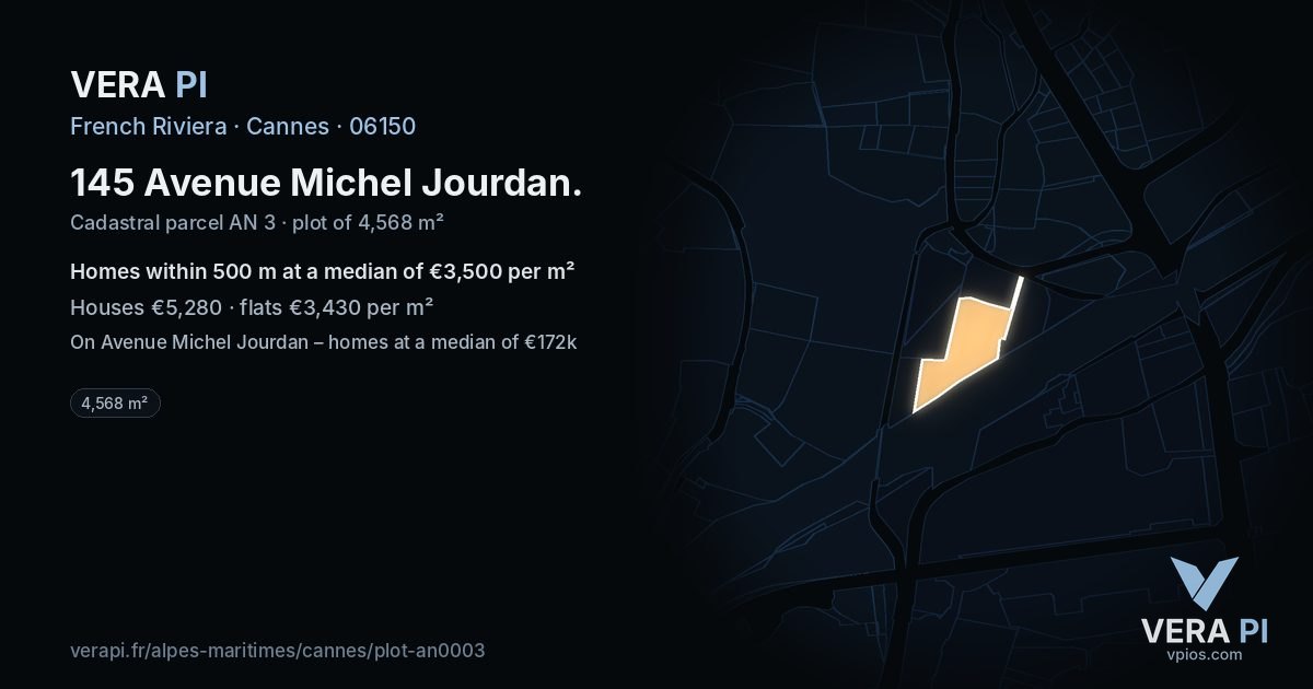 145 Avenue Michel Jourdan, Cannes at night – the plot lit, the parcels around coloured by the prices near them