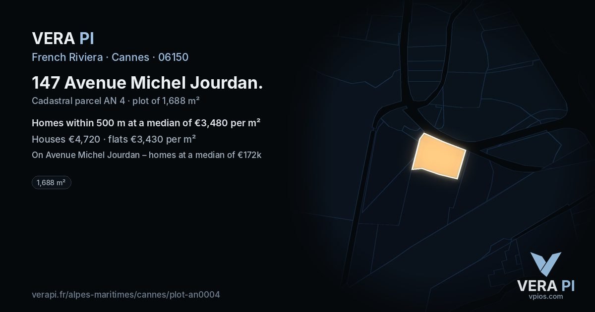 147 Avenue Michel Jourdan, Cannes at night – the plot lit, the parcels around coloured by the prices near them