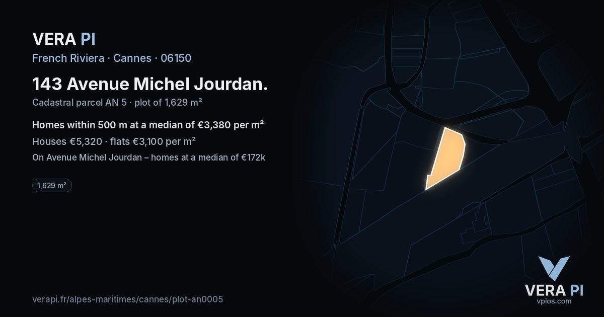 143 Avenue Michel Jourdan, Cannes at night – the plot lit, the parcels around coloured by the prices near them