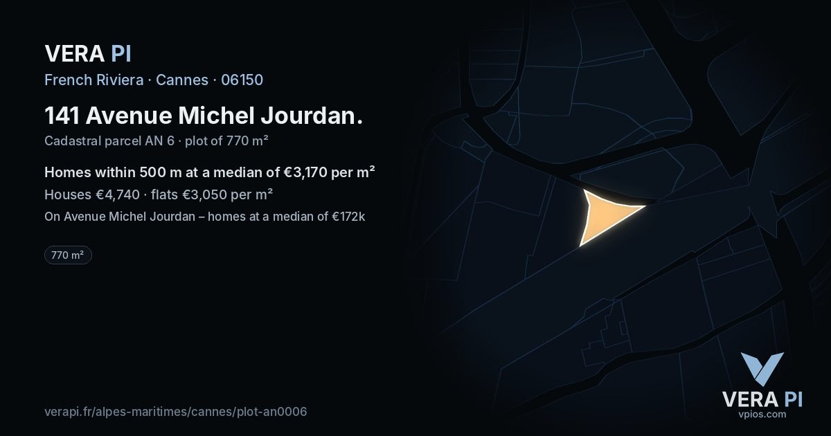 141 Avenue Michel Jourdan, Cannes at night – the plot lit, the parcels around coloured by the prices near them