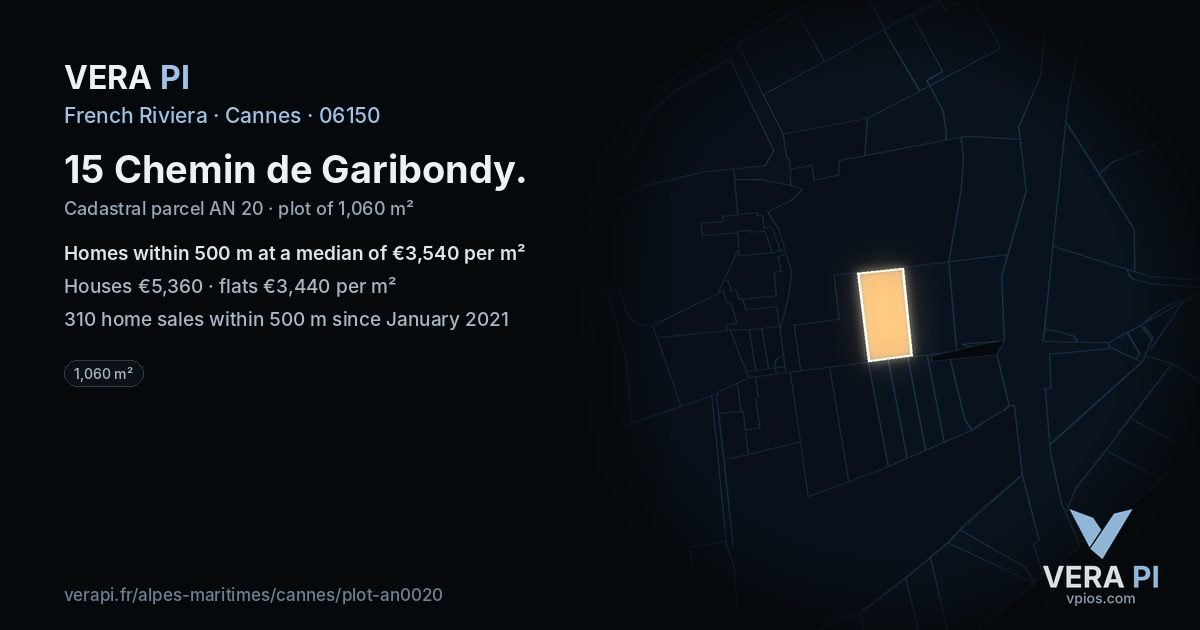15 Chemin de Garibondy, Cannes at night – the plot lit, the parcels around coloured by the prices near them