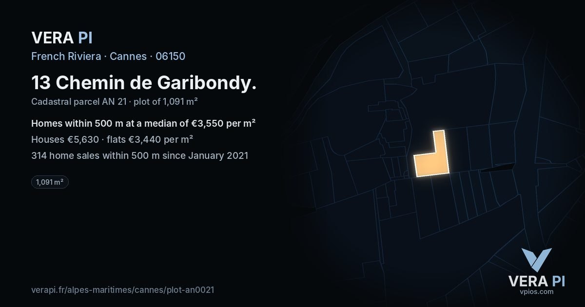 13 Chemin de Garibondy, Cannes at night – the plot lit, the parcels around coloured by the prices near them