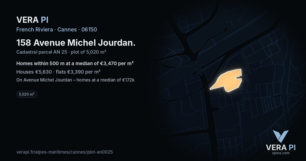 158 Avenue Michel Jourdan, Cannes at night – the plot lit, the parcels around coloured by the prices near them