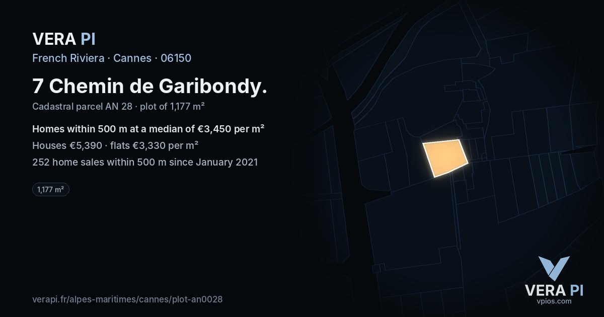 7 Chemin de Garibondy, Cannes at night – the plot lit, the parcels around coloured by the prices near them