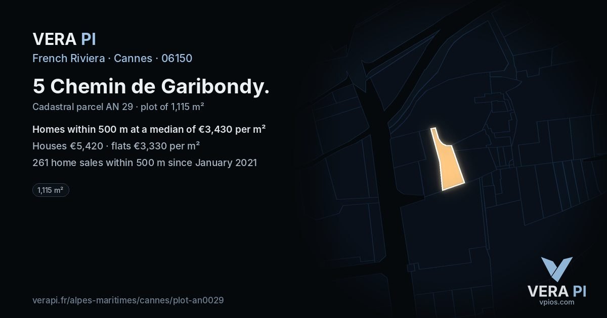 5 Chemin de Garibondy, Cannes at night – the plot lit, the parcels around coloured by the prices near them
