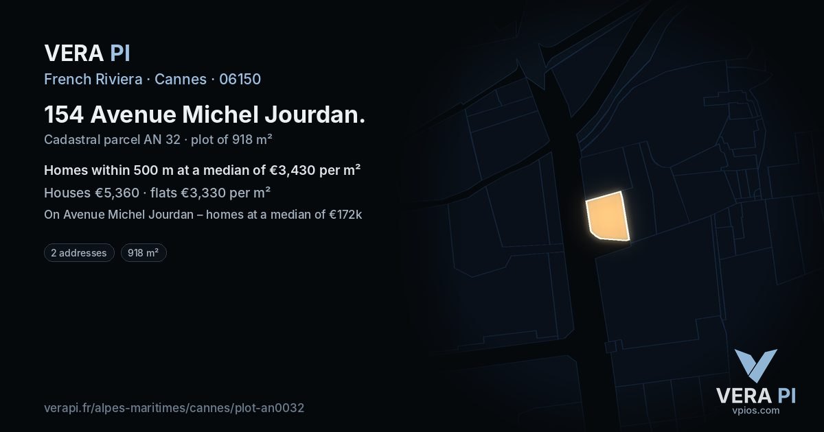 154 Avenue Michel Jourdan, Cannes at night – the plot lit, the parcels around coloured by the prices near them