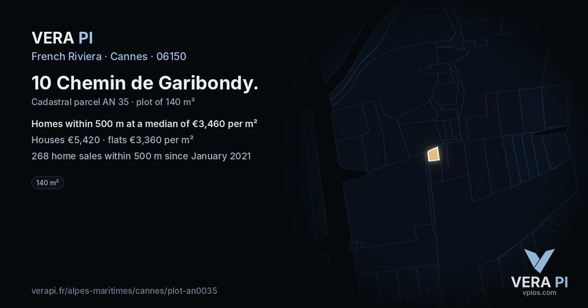 10 Chemin de Garibondy, Cannes at night – the plot lit, the parcels around coloured by the prices near them