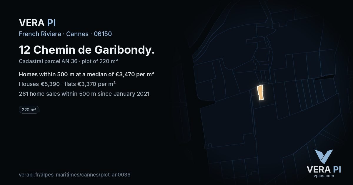 12 Chemin de Garibondy, Cannes at night – the plot lit, the parcels around coloured by the prices near them