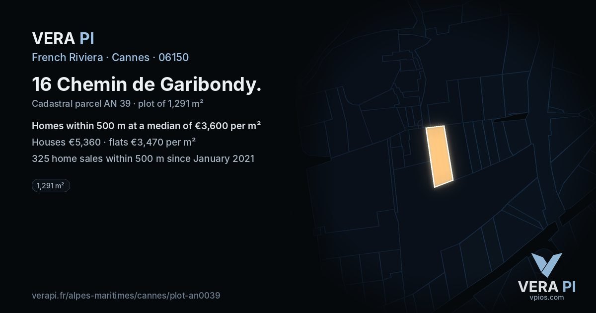 16 Chemin de Garibondy, Cannes at night – the plot lit, the parcels around coloured by the prices near them