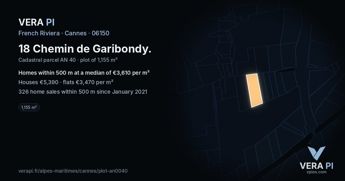 18 Chemin de Garibondy, Cannes at night – the plot lit, the parcels around coloured by the prices near them