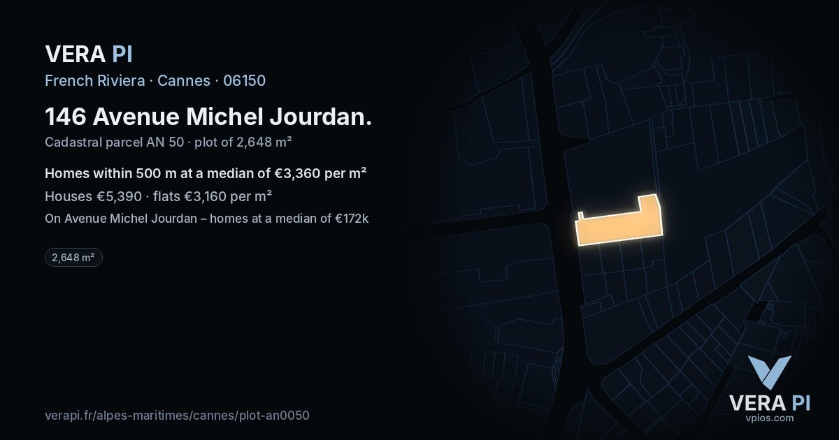 146 Avenue Michel Jourdan, Cannes at night – the plot lit, the parcels around coloured by the prices near them