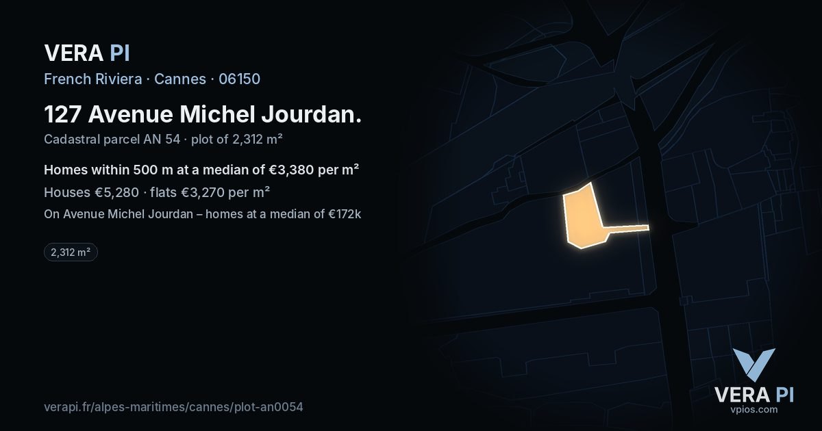 127 Avenue Michel Jourdan, Cannes at night – the plot lit, the parcels around coloured by the prices near them