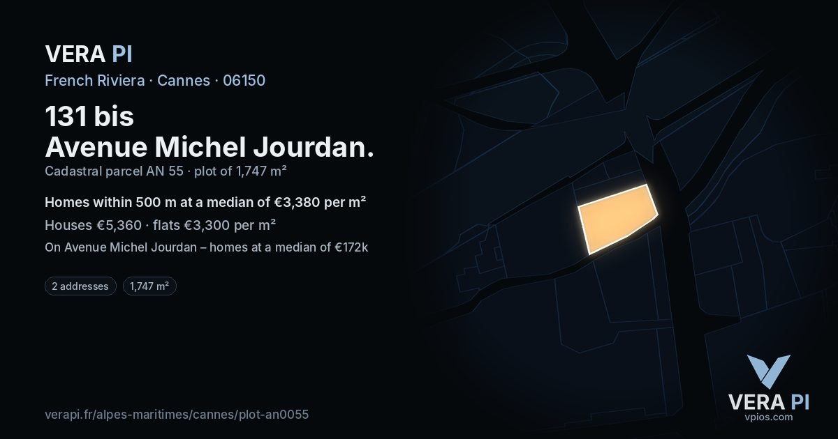 131 bis Avenue Michel Jourdan, Cannes at night – the plot lit, the parcels around coloured by the prices near them