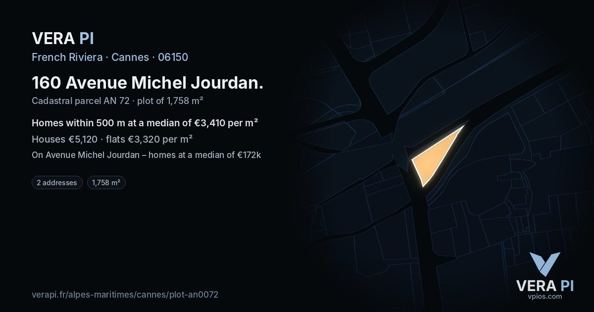160 Avenue Michel Jourdan, Cannes at night – the plot lit, the parcels around coloured by the prices near them