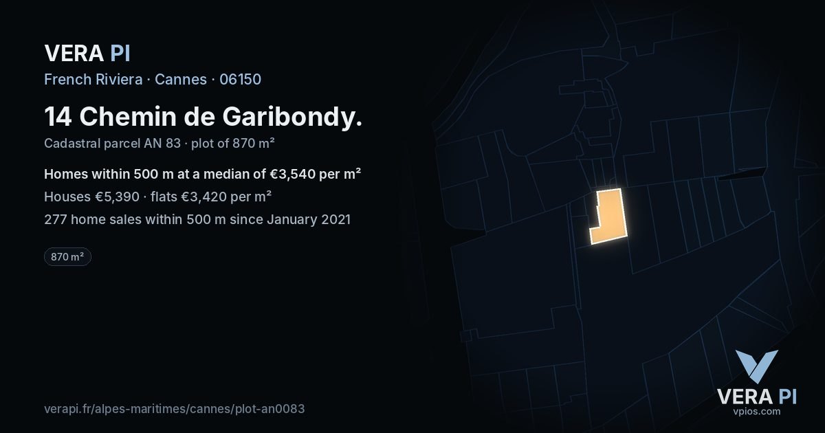 14 Chemin de Garibondy, Cannes at night – the plot lit, the parcels around coloured by the prices near them