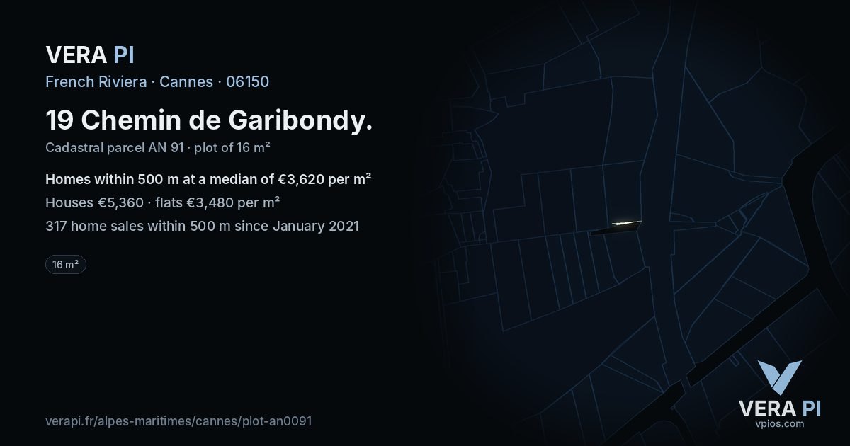 19 Chemin de Garibondy, Cannes at night – the plot lit, the parcels around coloured by the prices near them