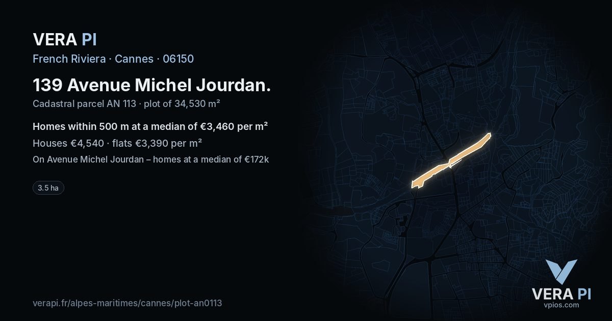 139 Avenue Michel Jourdan, Cannes at night – the plot lit, the parcels around coloured by the prices near them