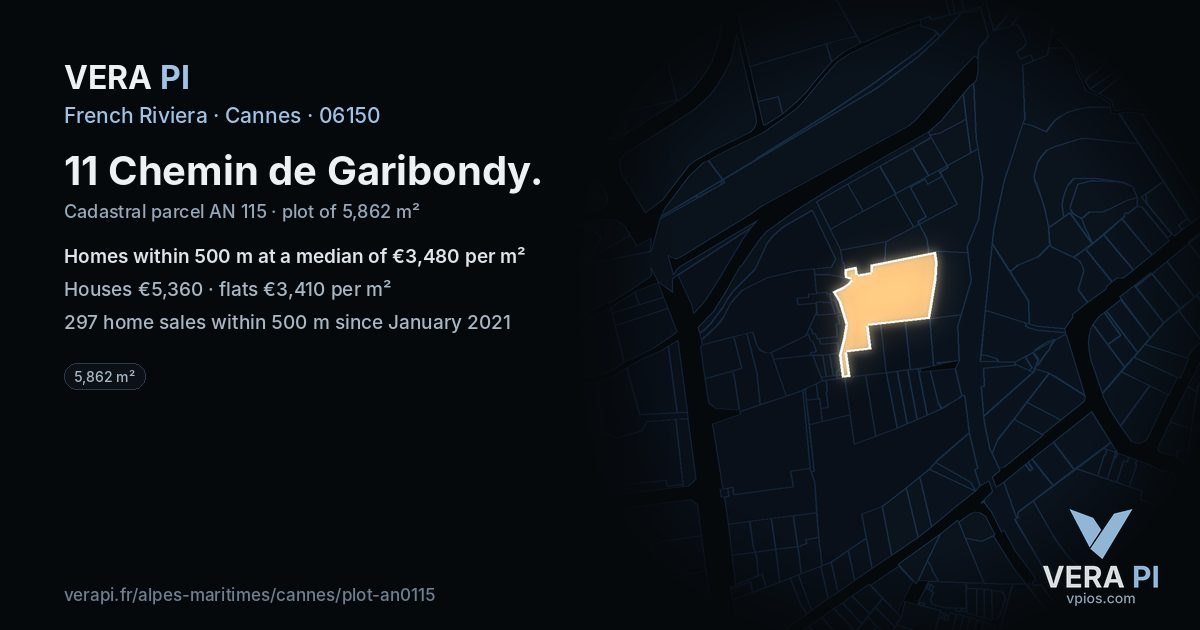 11 Chemin de Garibondy, Cannes at night – the plot lit, the parcels around coloured by the prices near them