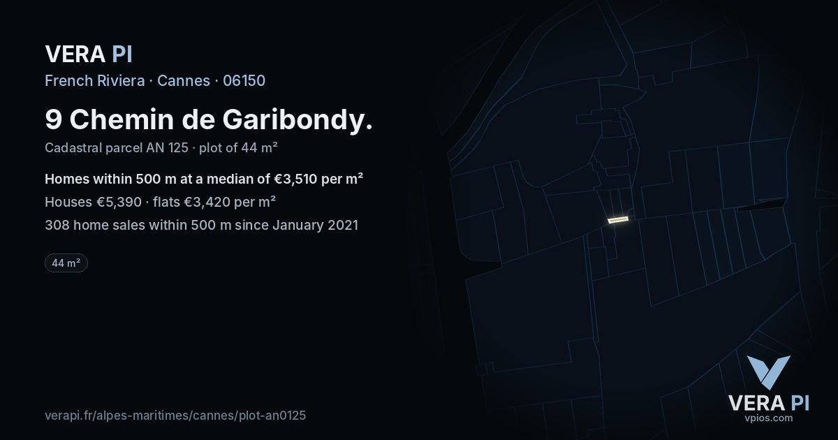 9 Chemin de Garibondy, Cannes at night – the plot lit, the parcels around coloured by the prices near them