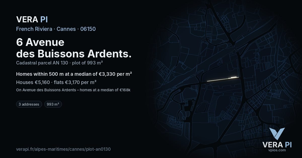 6 Avenue des Buissons Ardents, Cannes at night – the plot lit, the parcels around coloured by the prices near them