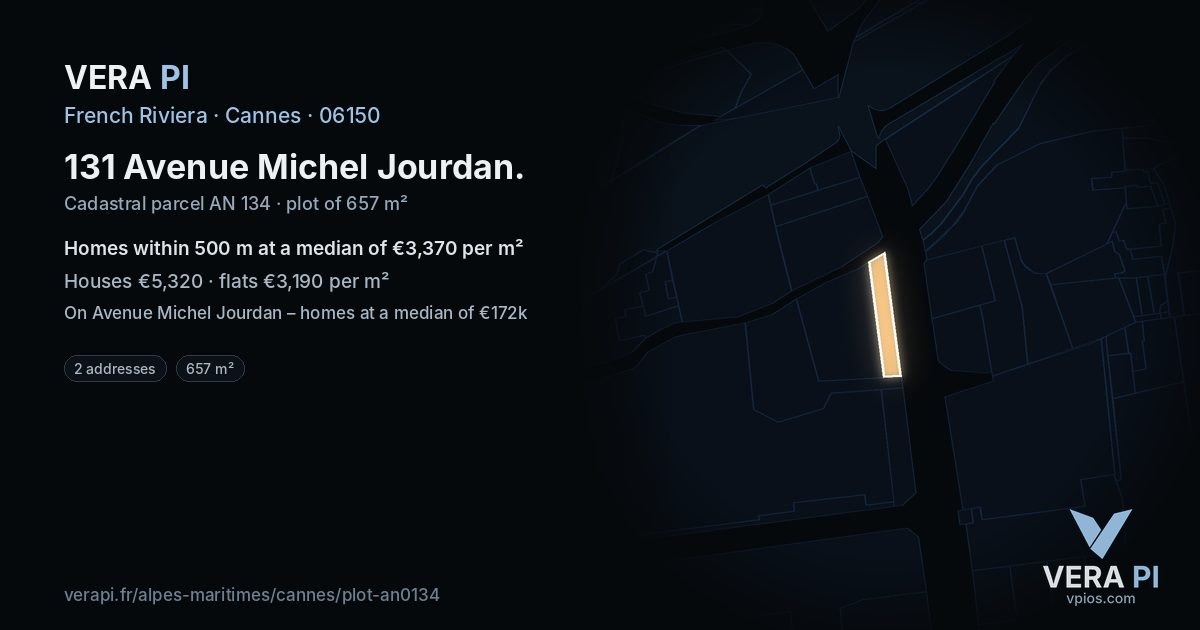 131 Avenue Michel Jourdan, Cannes at night – the plot lit, the parcels around coloured by the prices near them