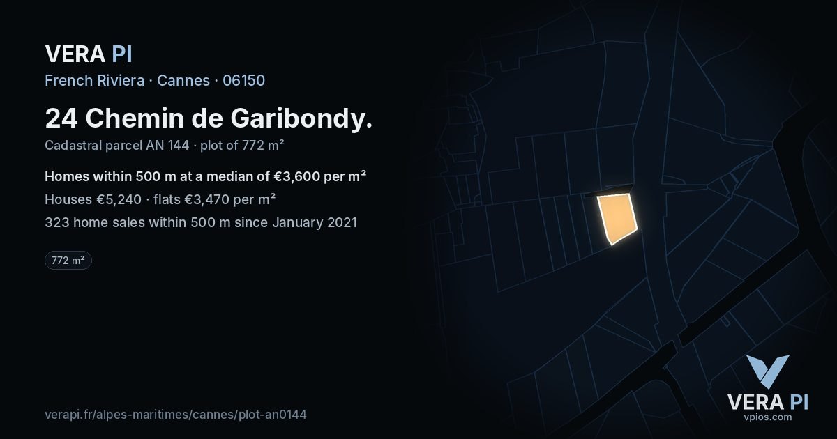 24 Chemin de Garibondy, Cannes at night – the plot lit, the parcels around coloured by the prices near them