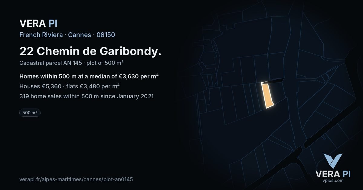 22 Chemin de Garibondy, Cannes at night – the plot lit, the parcels around coloured by the prices near them