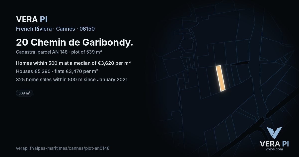 20 Chemin de Garibondy, Cannes at night – the plot lit, the parcels around coloured by the prices near them