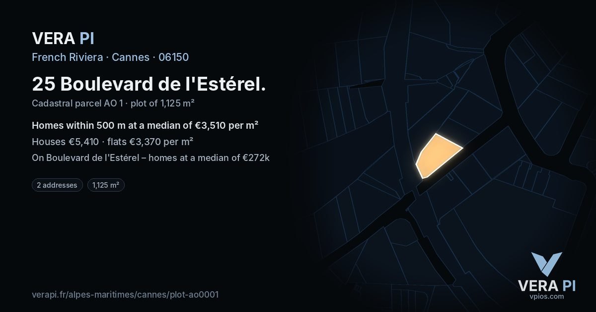 25 Boulevard de l'Estérel, Cannes at night – the plot lit, the parcels around coloured by the prices near them