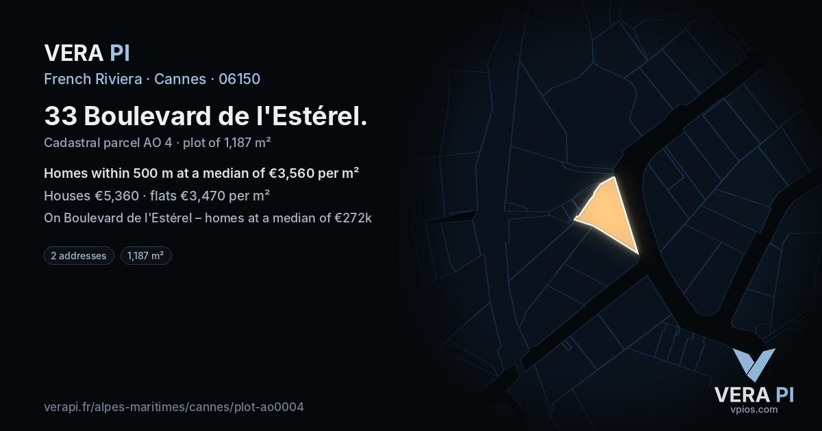 33 Boulevard de l'Estérel, Cannes at night – the plot lit, the parcels around coloured by the prices near them