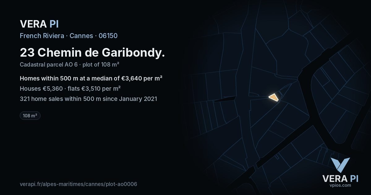 23 Chemin de Garibondy, Cannes at night – the plot lit, the parcels around coloured by the prices near them