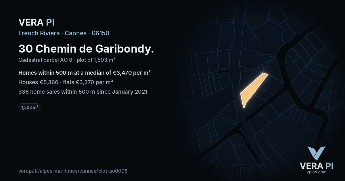 30 Chemin de Garibondy, Cannes at night – the plot lit, the parcels around coloured by the prices near them