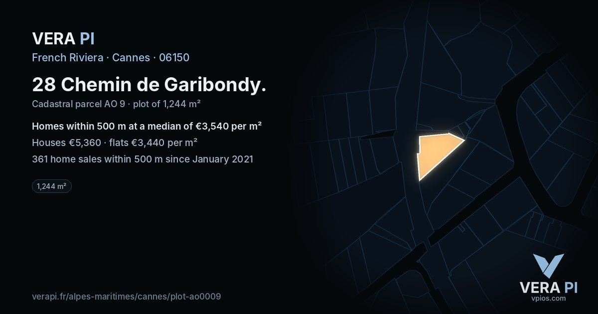 28 Chemin de Garibondy, Cannes at night – the plot lit, the parcels around coloured by the prices near them