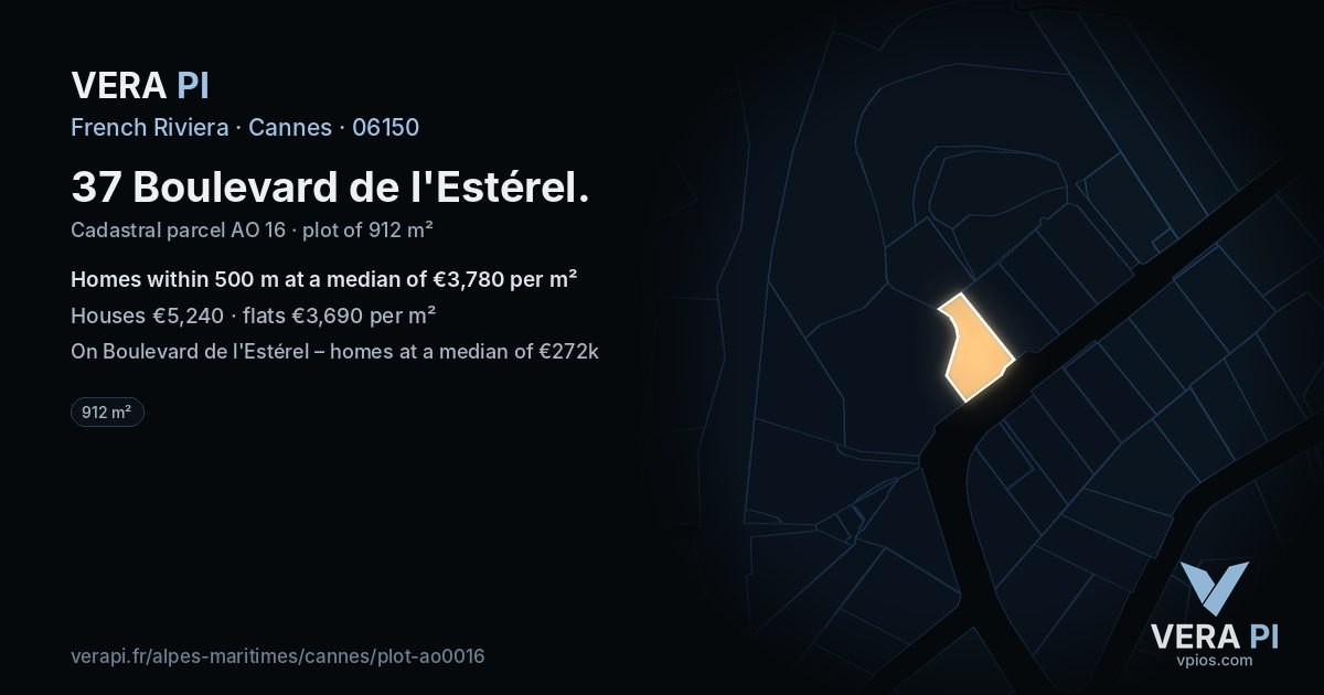 37 Boulevard de l'Estérel, Cannes at night – the plot lit, the parcels around coloured by the prices near them