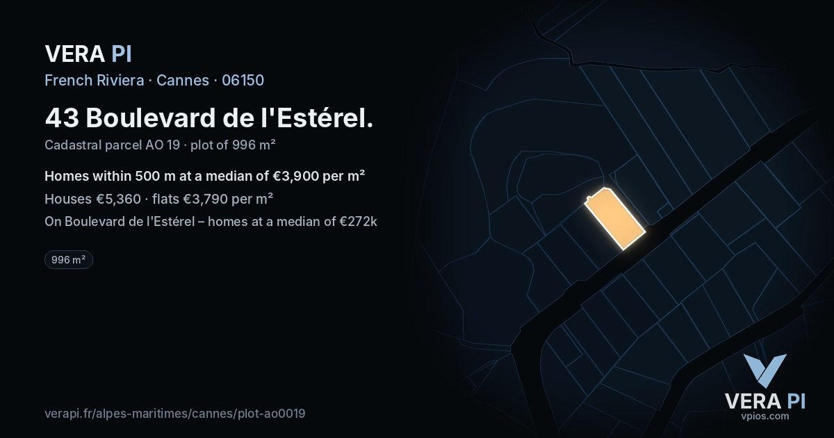 43 Boulevard de l'Estérel, Cannes at night – the plot lit, the parcels around coloured by the prices near them