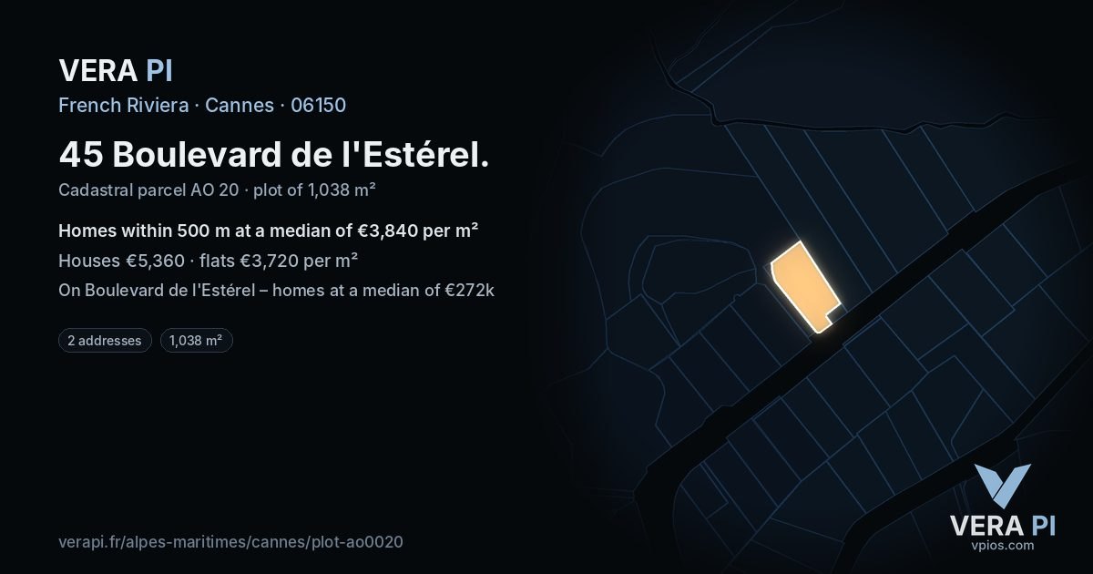 45 Boulevard de l'Estérel, Cannes at night – the plot lit, the parcels around coloured by the prices near them