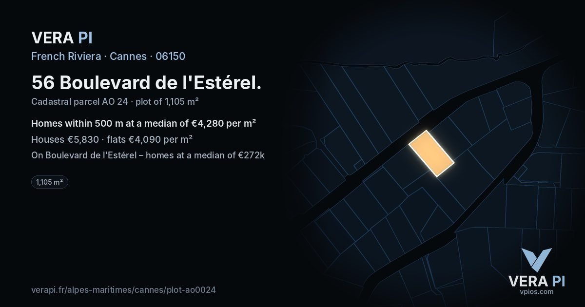 56 Boulevard de l'Estérel, Cannes at night – the plot lit, the parcels around coloured by the prices near them